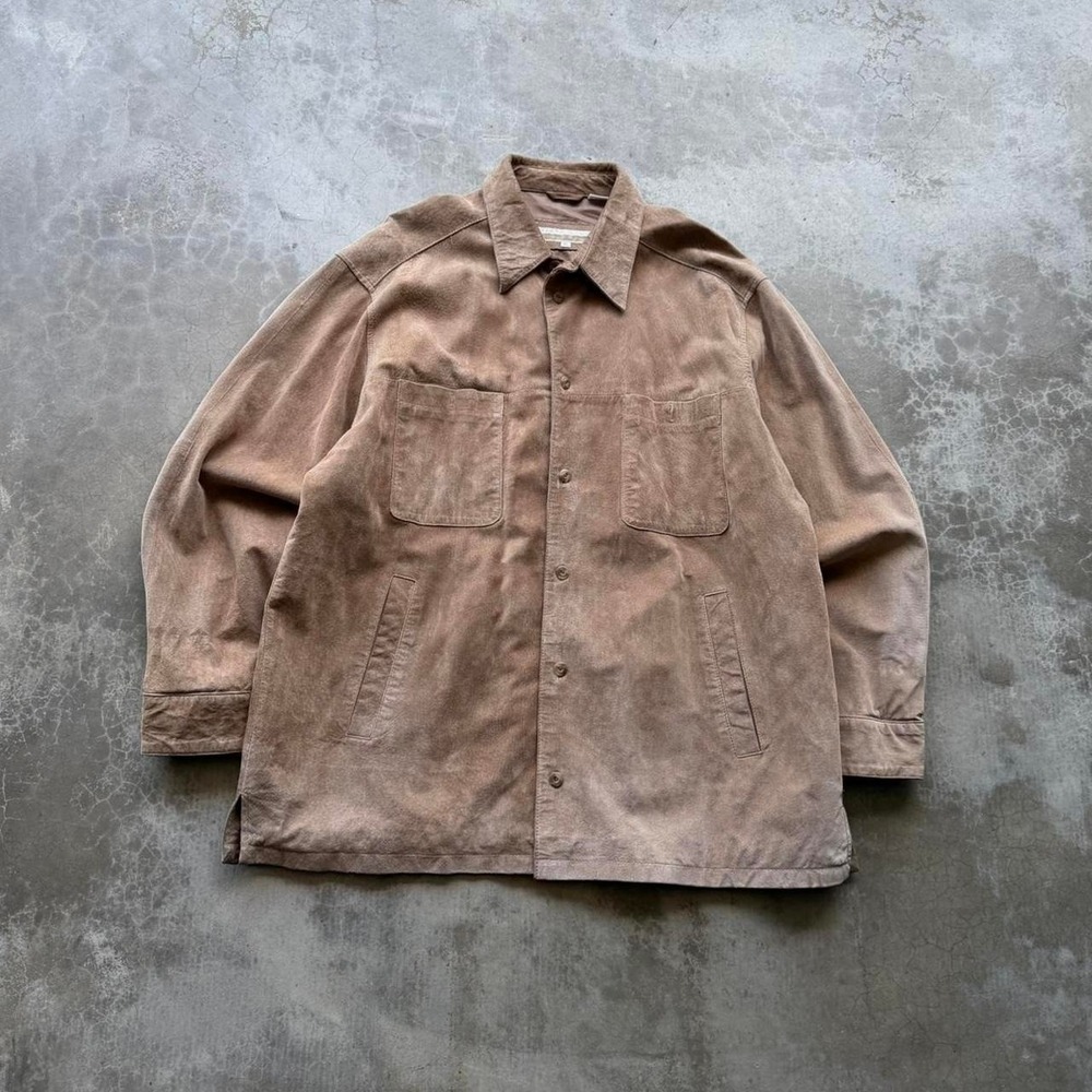 Vintage 90's mocha brown suede leather button up over shirt size XL perry ellis - Picture 1 of 7